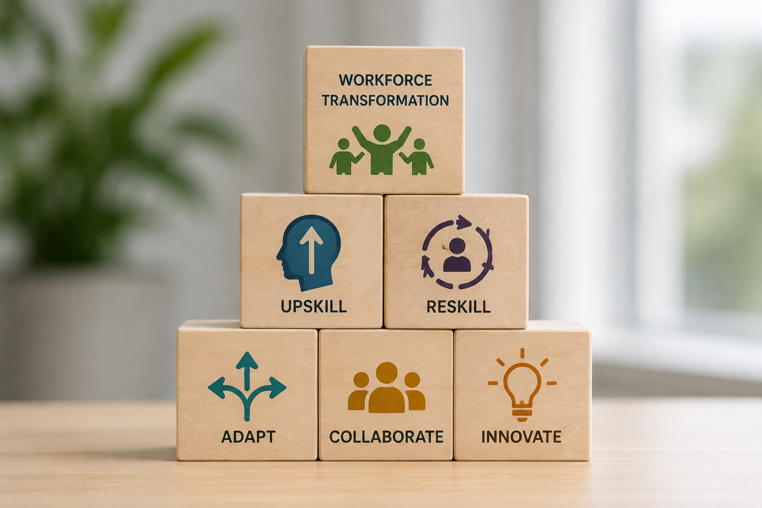 Stacked wooden blocks labeled workforce transformation, upskill, reskill, adapt, collaborate, innovate with icons